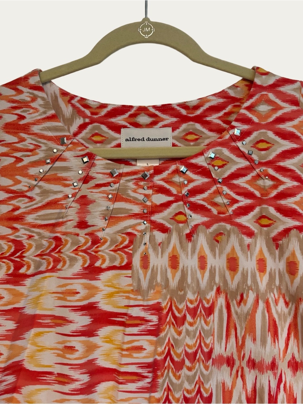 Alfred Dunner Knit Top with Studded Neckline Short Sleeve - Large - Pink Orange